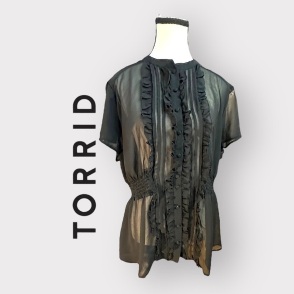 Women’s Retro Torrid 1 Black Sheer Ruffle Button Down Banded Waist Top 1X 1XL